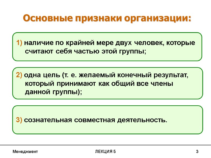 Менеджмент ЛЕКЦИЯ 5 3 Основные признаки организации: 1) наличие по крайней мере двух человек,